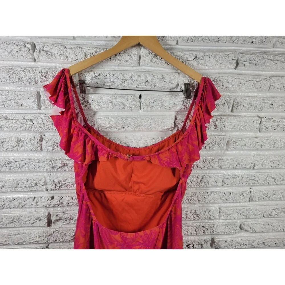 Mynah Womens Swimsuit XXL One Piece Open Back Pink Tropical Ruffle FLO69E